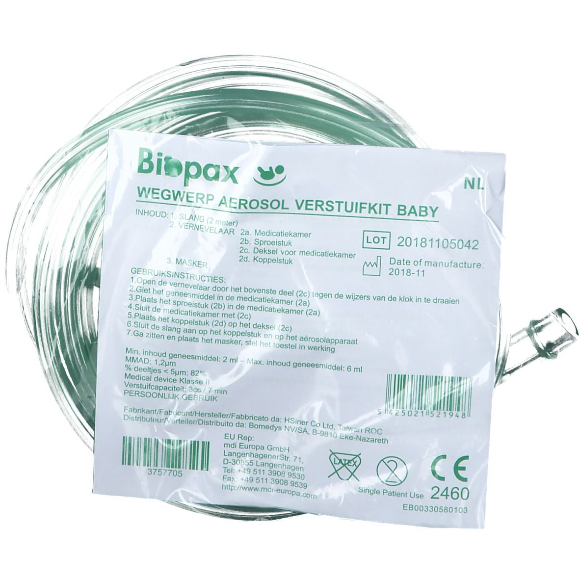 Kit d'aérosol jetable pour bébé. Comprend un tube transparent enroulé et un emballage avec informations et marquage CE.