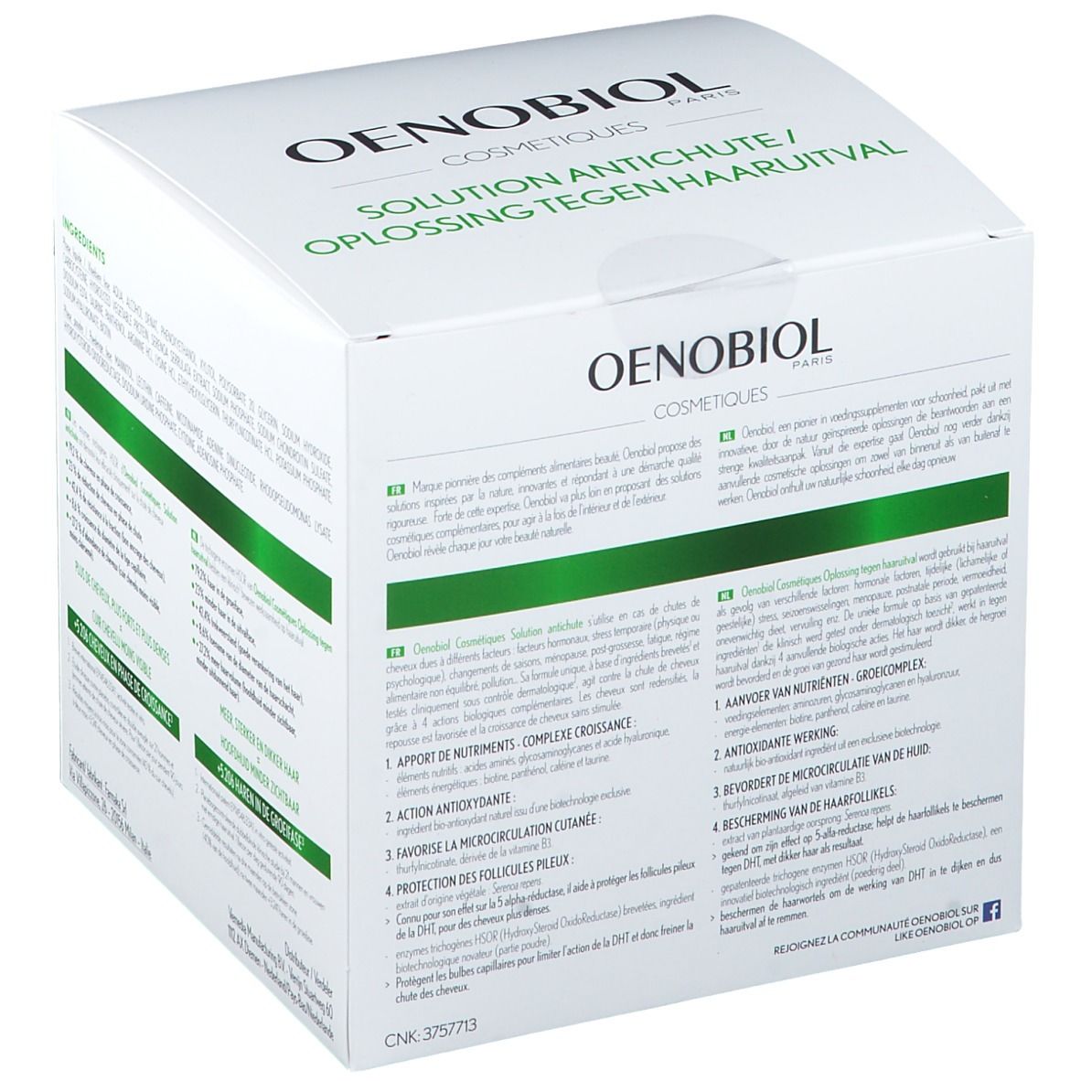 Emballage du produit avec texte sur les avantages et les ingrédients. Logo OENOBIOL et nom du produit : SOLUTION ANTICHUTE.