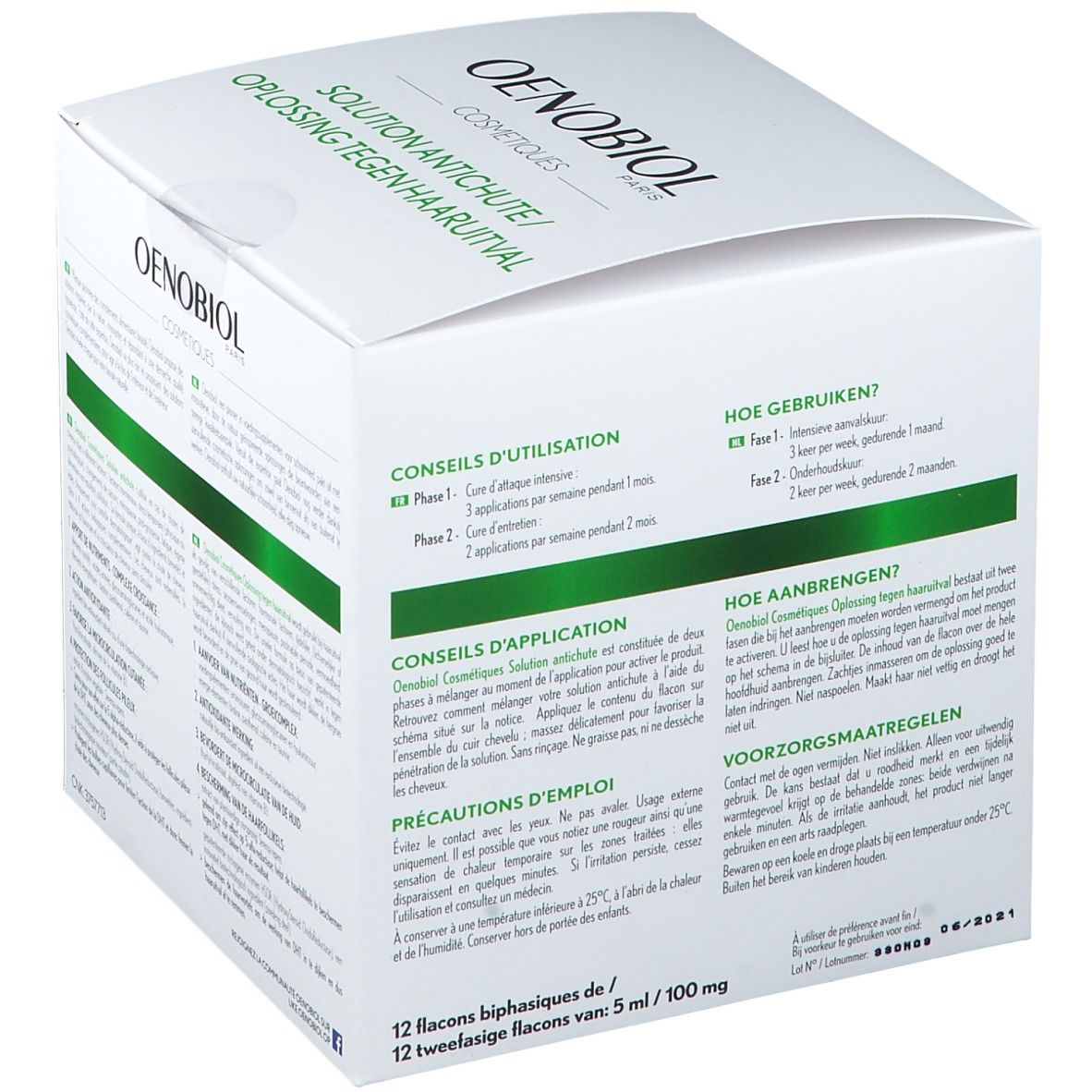 Emballage du produit avec conseils d'utilisation et précautions. Logo OENOBIOL et nom du produit : SOLUTION ANTICHUTE. 12 flacons.