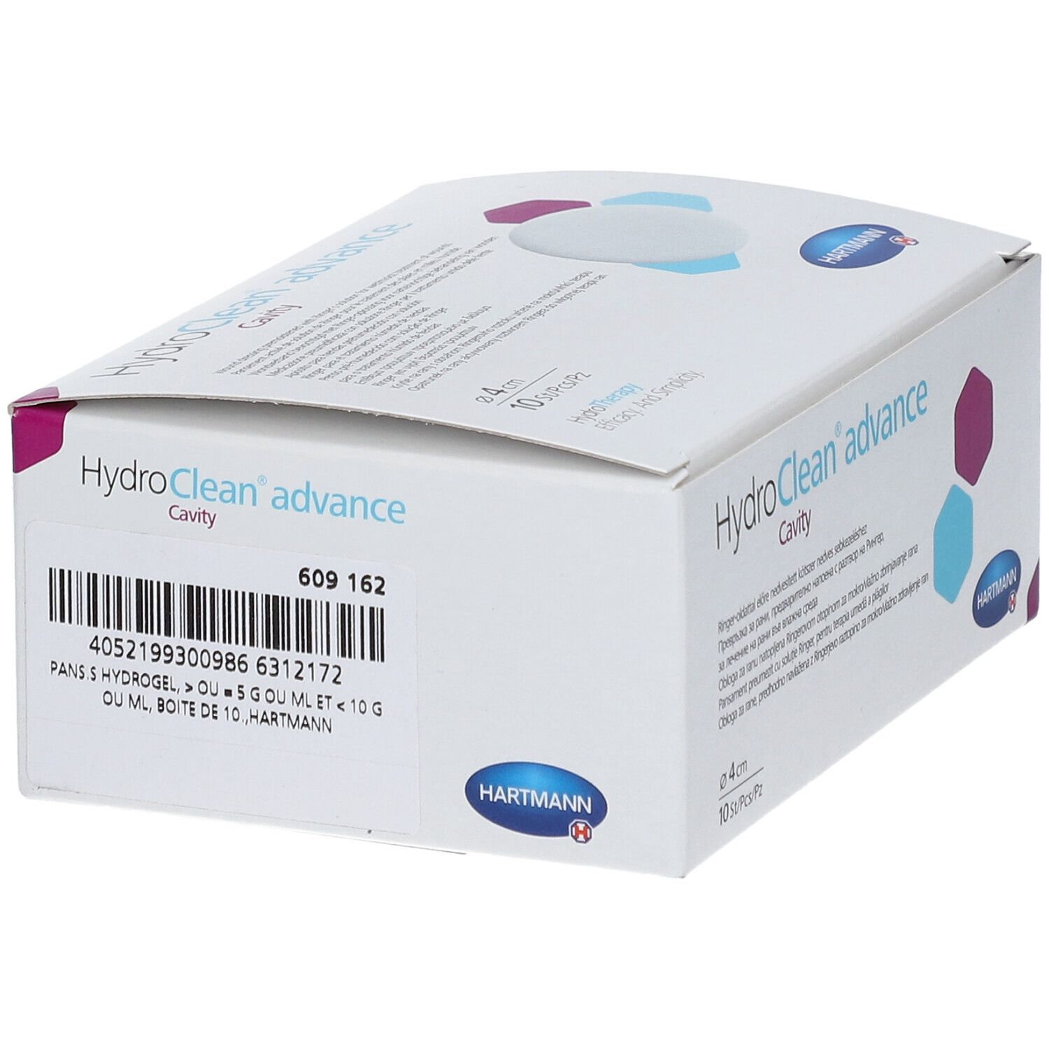 Hartmann HydroClean advance Cavité verpakking. Naam, logo en barcode zichtbaar. Diameter 4 cm, 10 stuks.