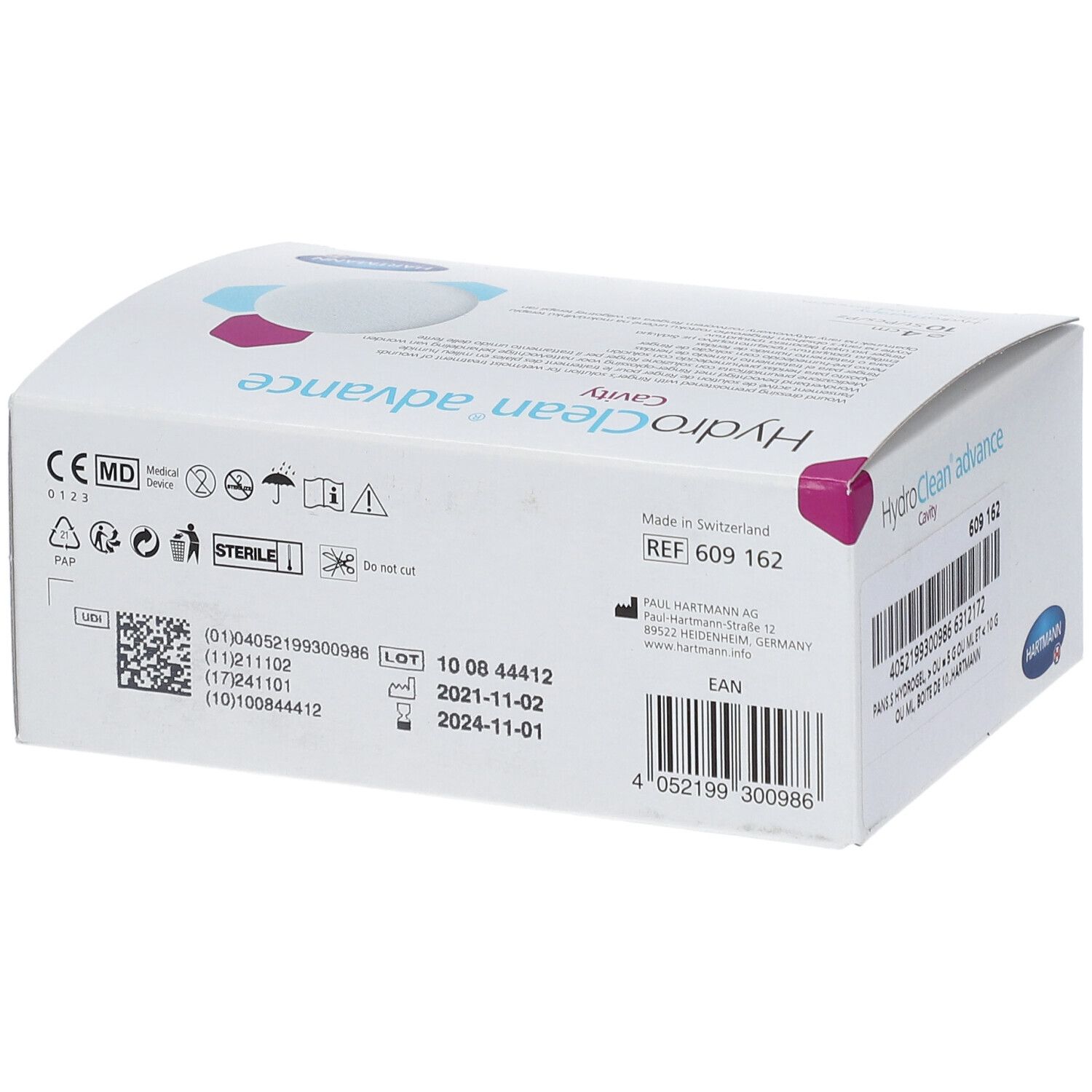 Hartmann HydroClean advance Cavité verpakking. Achterkant met info en logo's. Gemaakt in Zwitserland. REF 609 162.