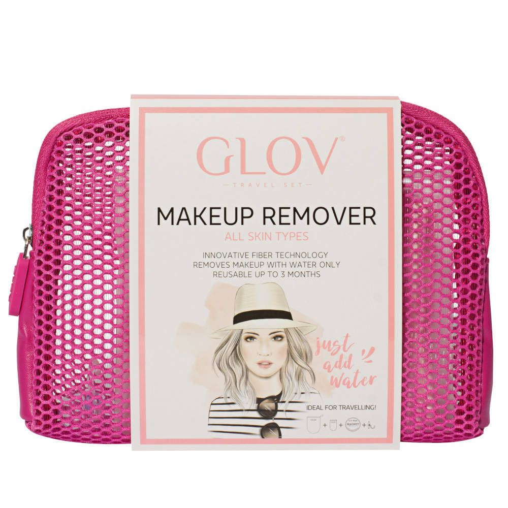 Trousse de maquillage rose avec fermeture éclair et emballage du produit. Inscription : GLOV Makeup Remover, tous types de peau.