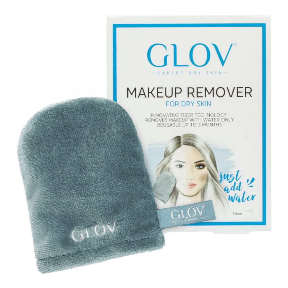 Gant démaquillant GLOV gris. Sur l'emballage : GLOV, démaquillant pour peaux sèches. Utilisation avec de l'eau.