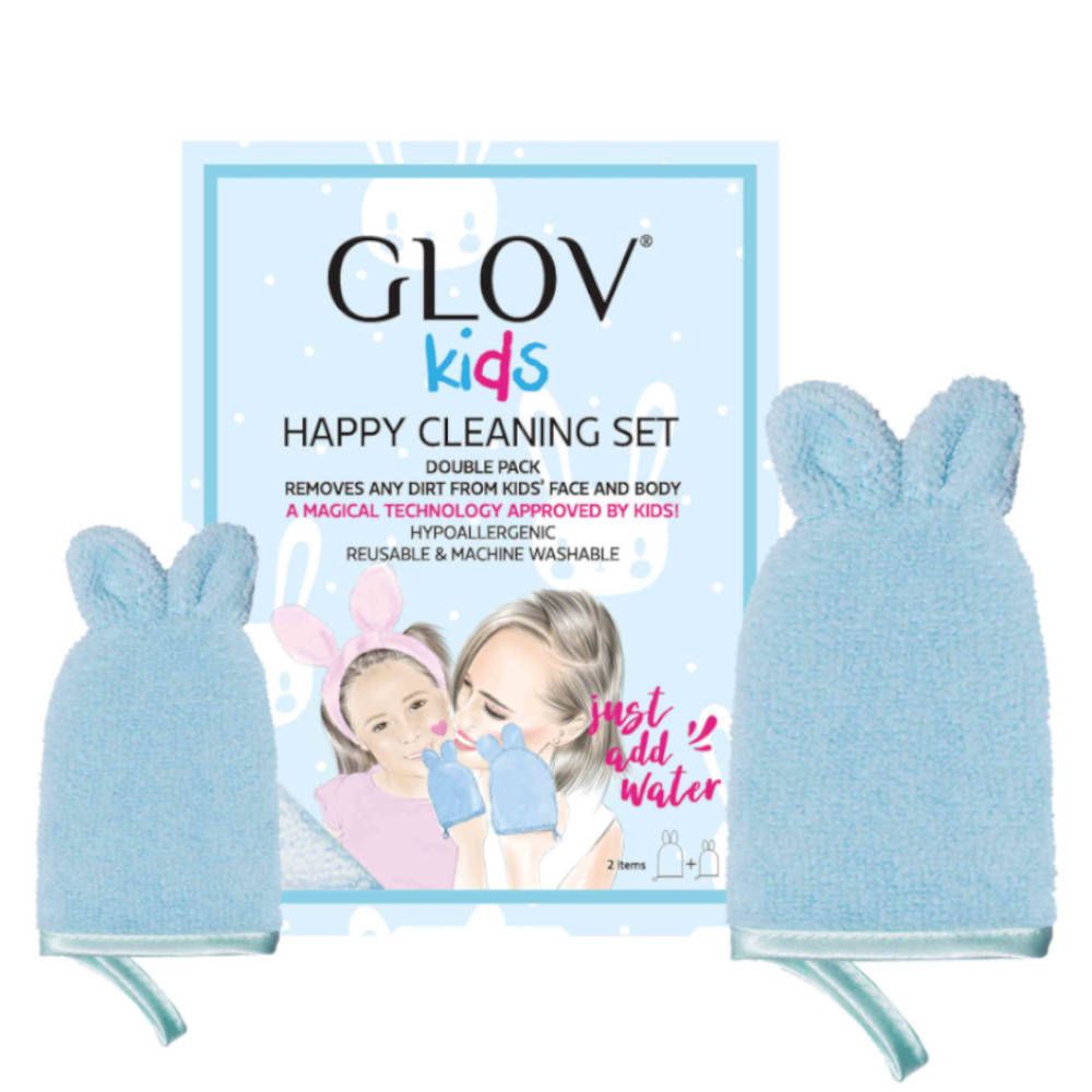 Deux gants de toilette bleus en forme d'oreilles et emballage. Inscription : GLOV Kids Happy Cleaning Set.