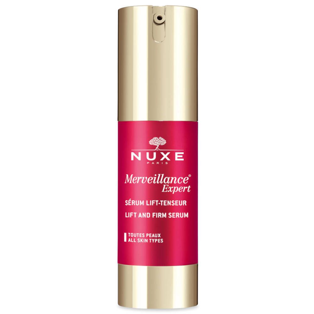 Flacon doré et étiquette rouge. Inscription: NUXE, Merveillance Expert, Sérum Lift-Tenseur, Lift and Firm Serum, Toutes peaux.