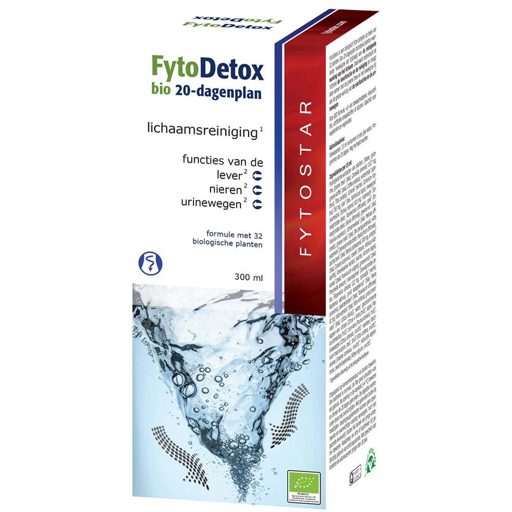 Boîte Fytodetox, plan 20 jours. Inscriptions en français et néerlandais. Contient 300 ml. Label bio.