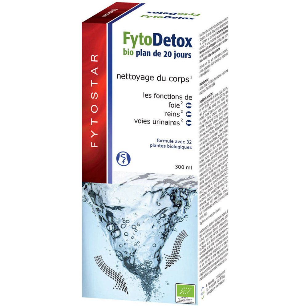 Boîte Fytodetox, plan 20 jours. Inscriptions en français. Contient 300 ml. Label bio.