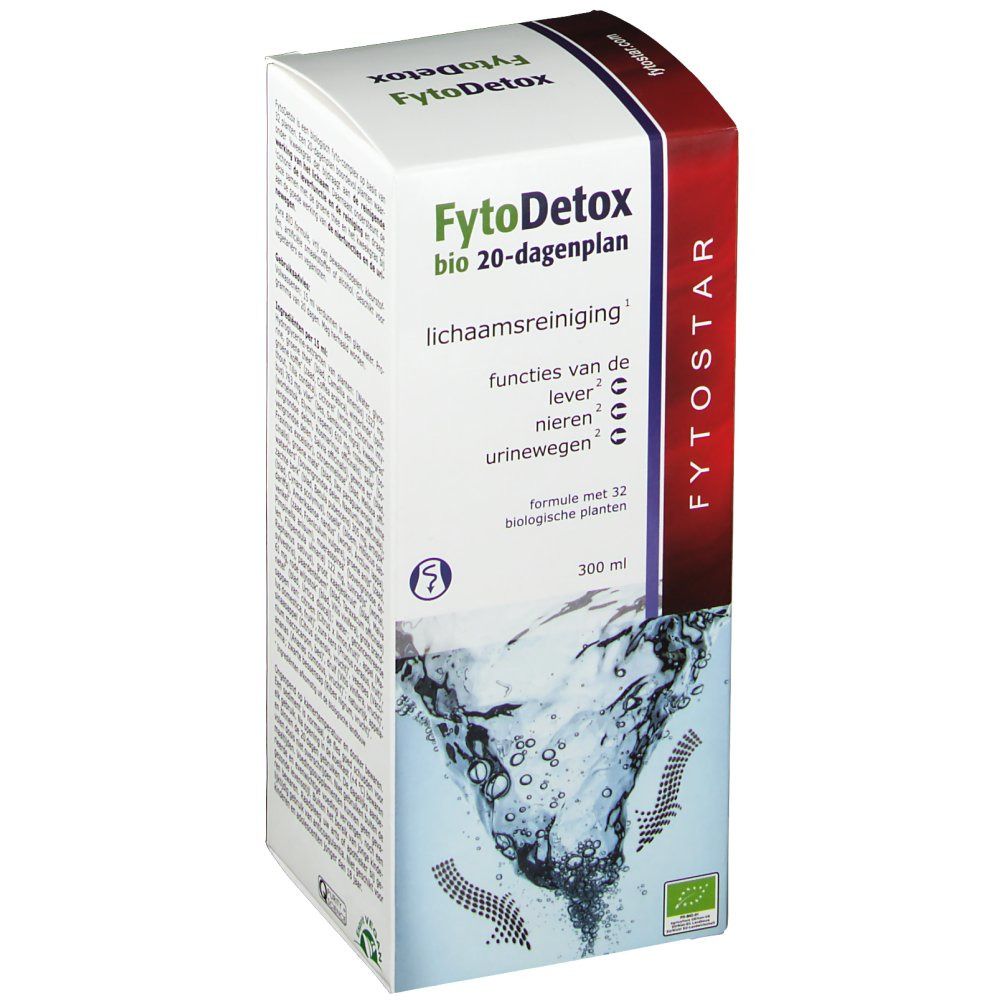 Boîte Fytodetox, plan 20 jours. Inscriptions en néerlandais. Contient 300 ml. Label bio.