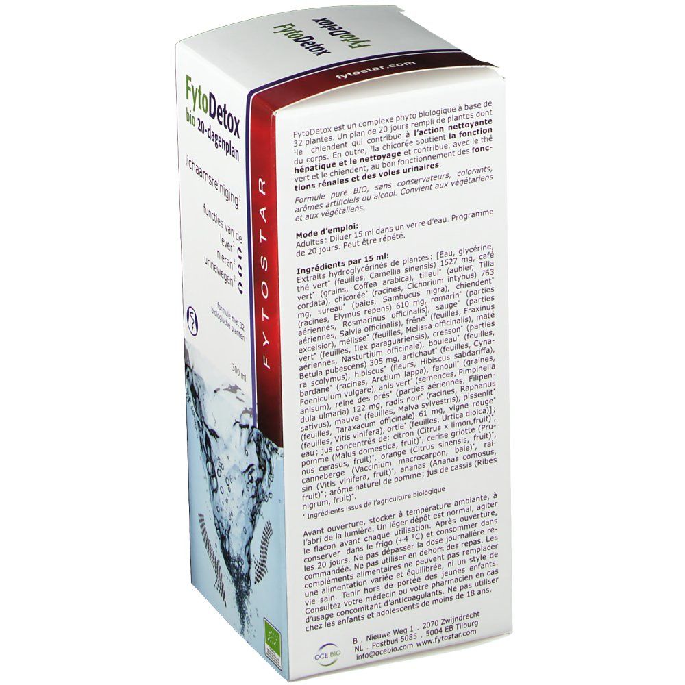 Dos de la boîte Fytodetox. Ingrédients, mode d'emploi. Label bio.