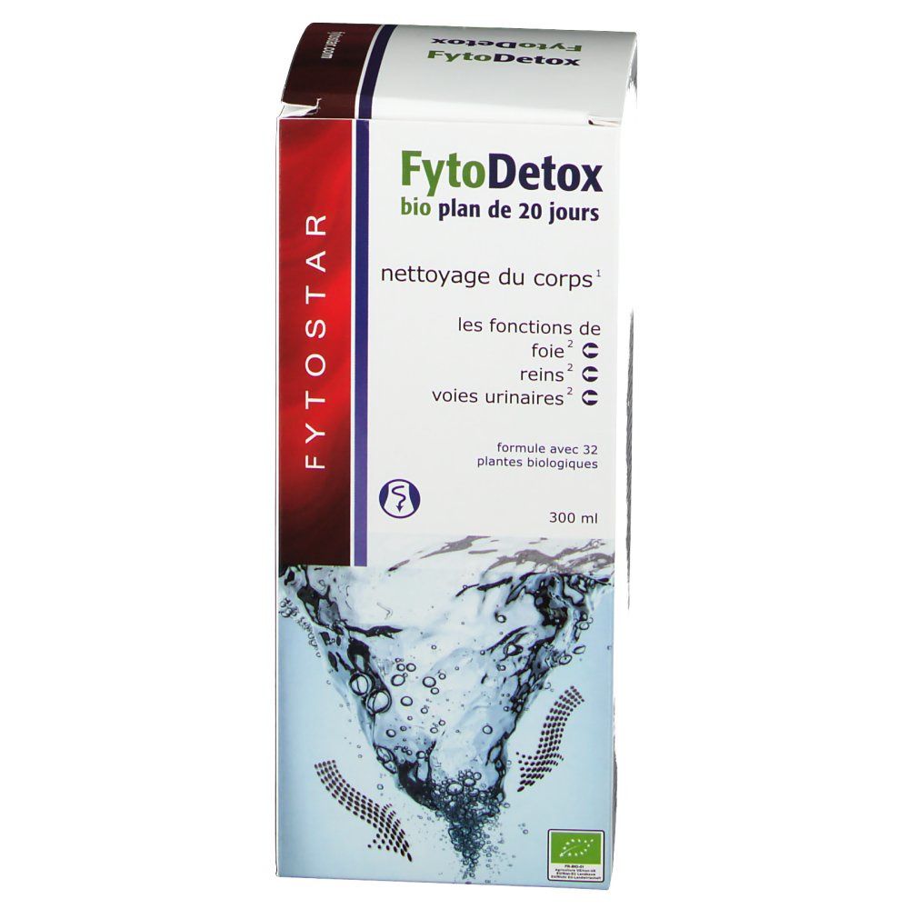 Boîte Fytodetox, plan 20 jours. Inscriptions en français. Contient 300 ml. Label bio.