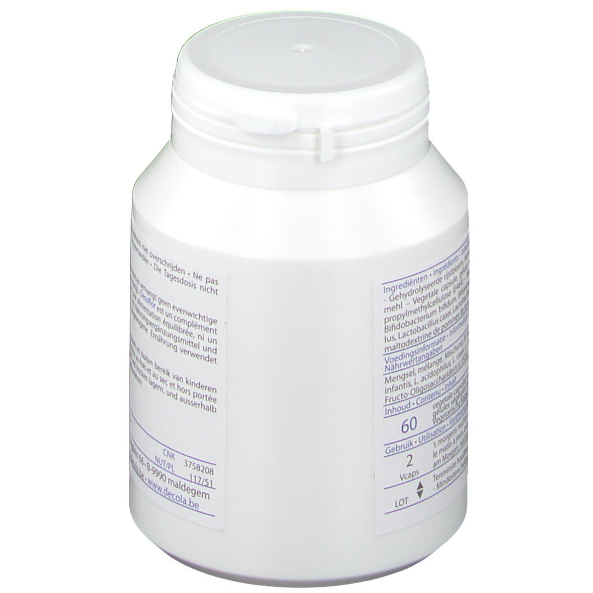 Witte fles met deksel. Opschrift DECOFLOR en logo. Tekst in meerdere talen.