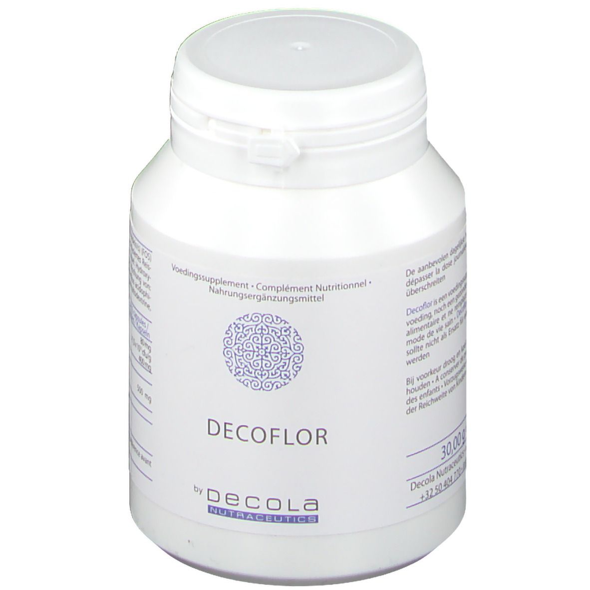 Witte fles met deksel. Opschrift DECOFLOR en logo. Tekst in meerdere talen.