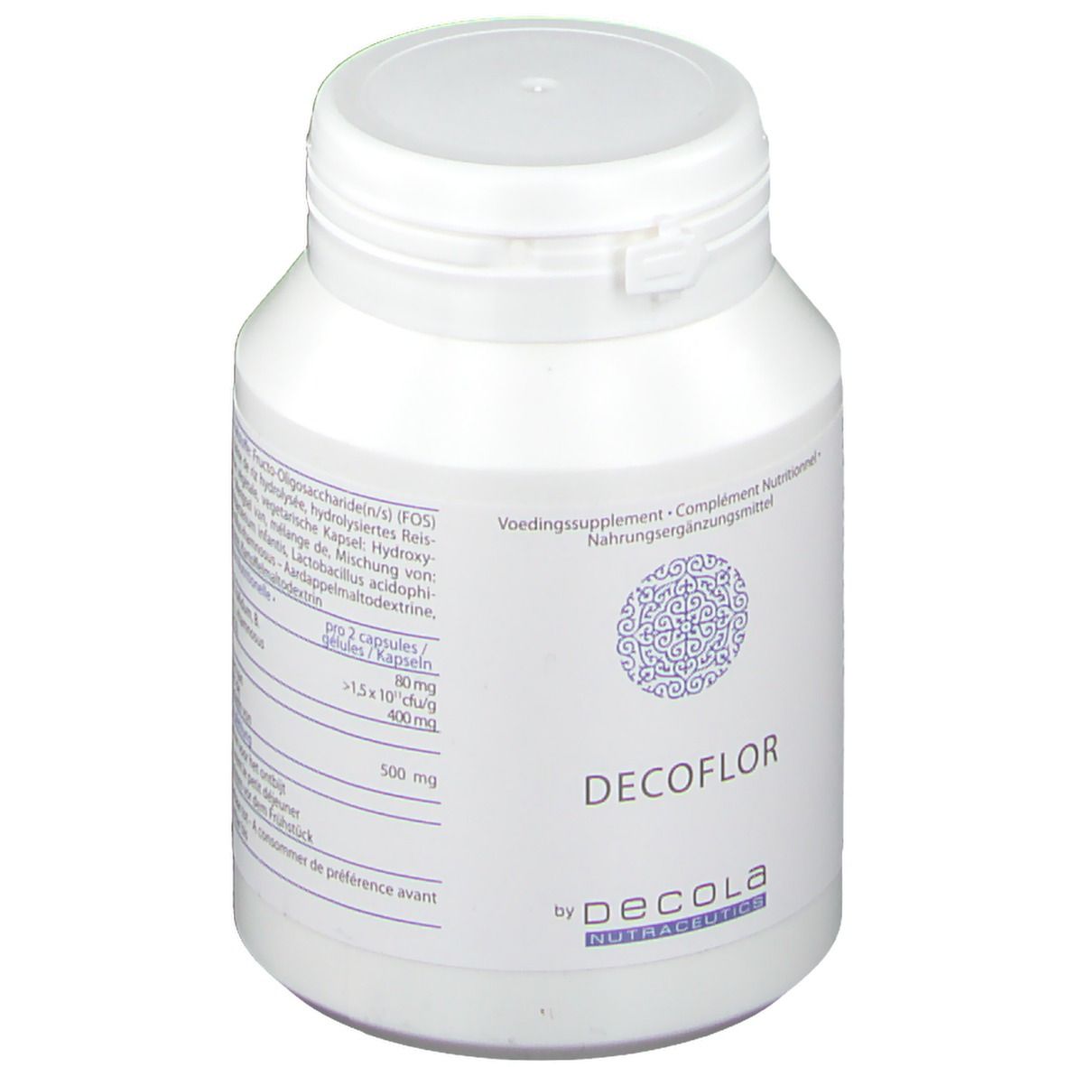 Witte fles met deksel. Opschrift DECOFLOR en logo. Tekst in meerdere talen.