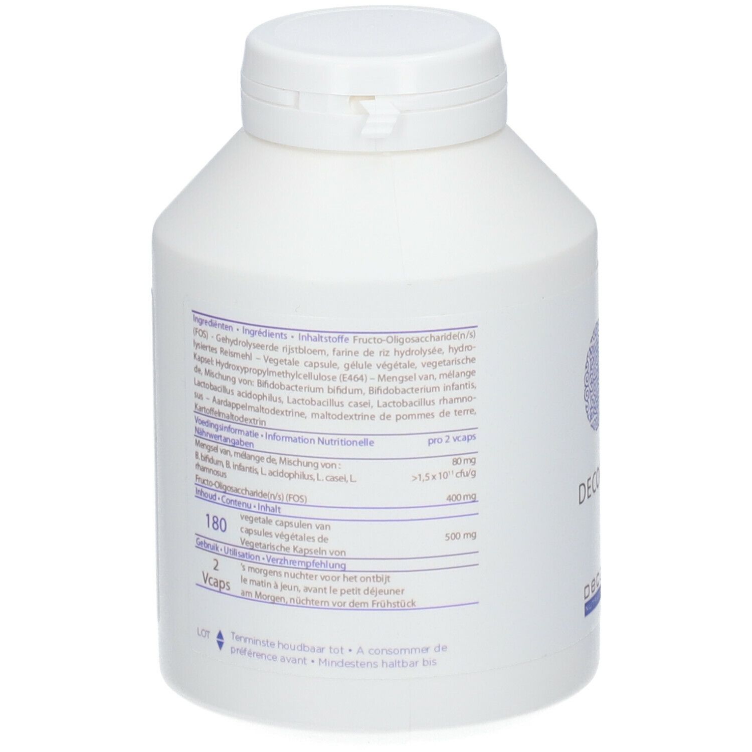 Witte fles met schroefdop. Achterkant met ingrediënten en voedingswaarde. Meertalige tekst.