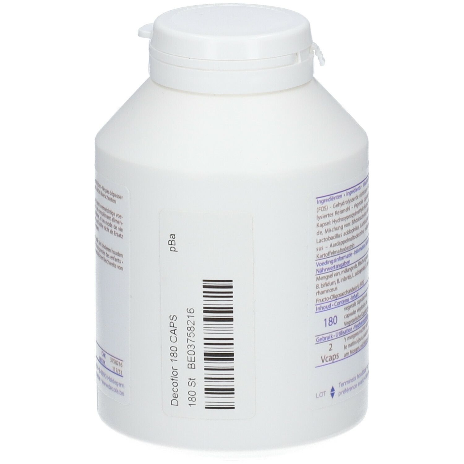Witte fles met schroefdop. Achterkant met tekst, barcode en lotnummer. Opschrift: 180 CAPS.