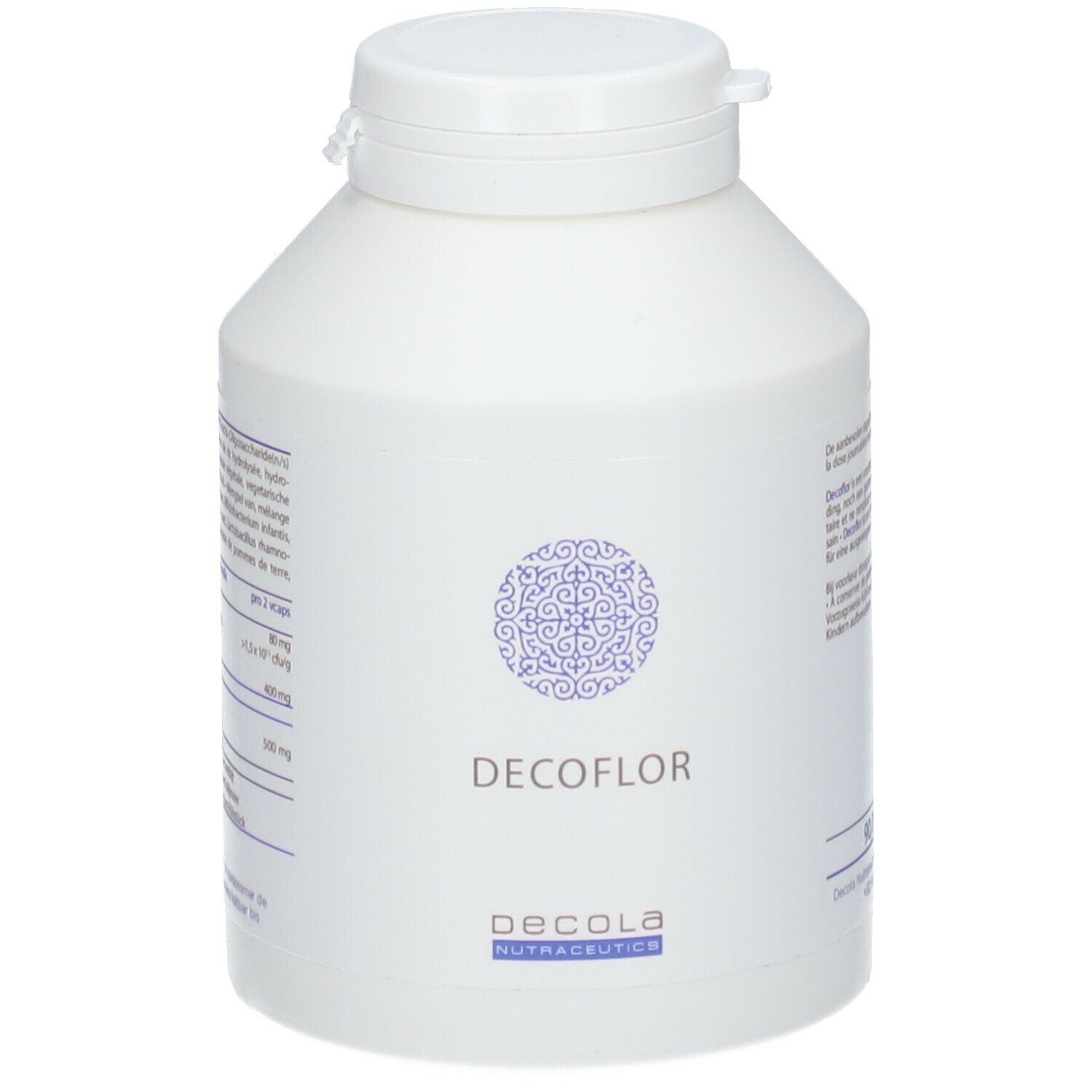 Witte fles met schroefdop. Opschrift: DECOFLOR, DECOLA NUTRACEUTICS. Blauw patroon.