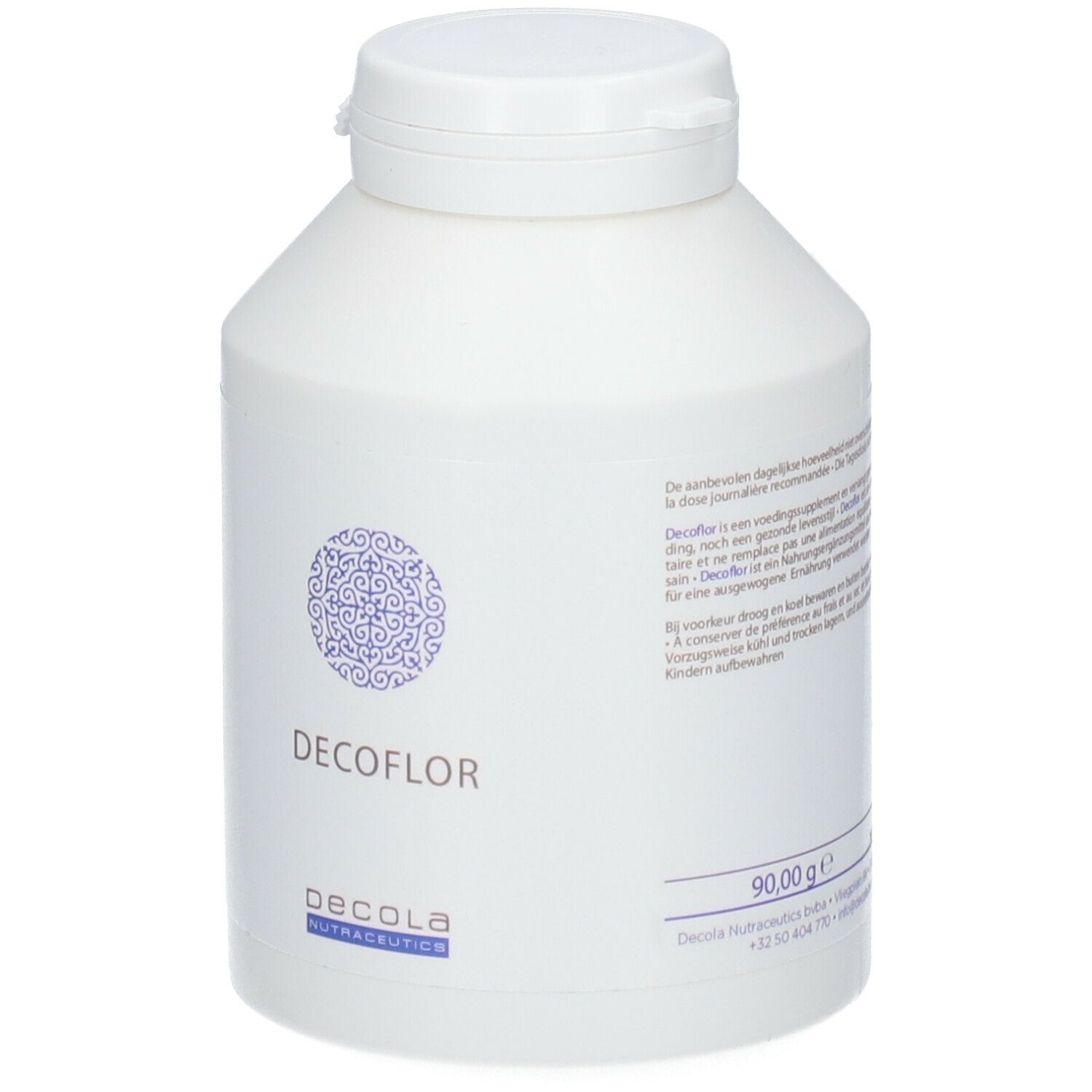 Witte fles met schroefdop. Opschrift: DECOFLOR, DECOLA NUTRACEUTICS. 90,00 g.