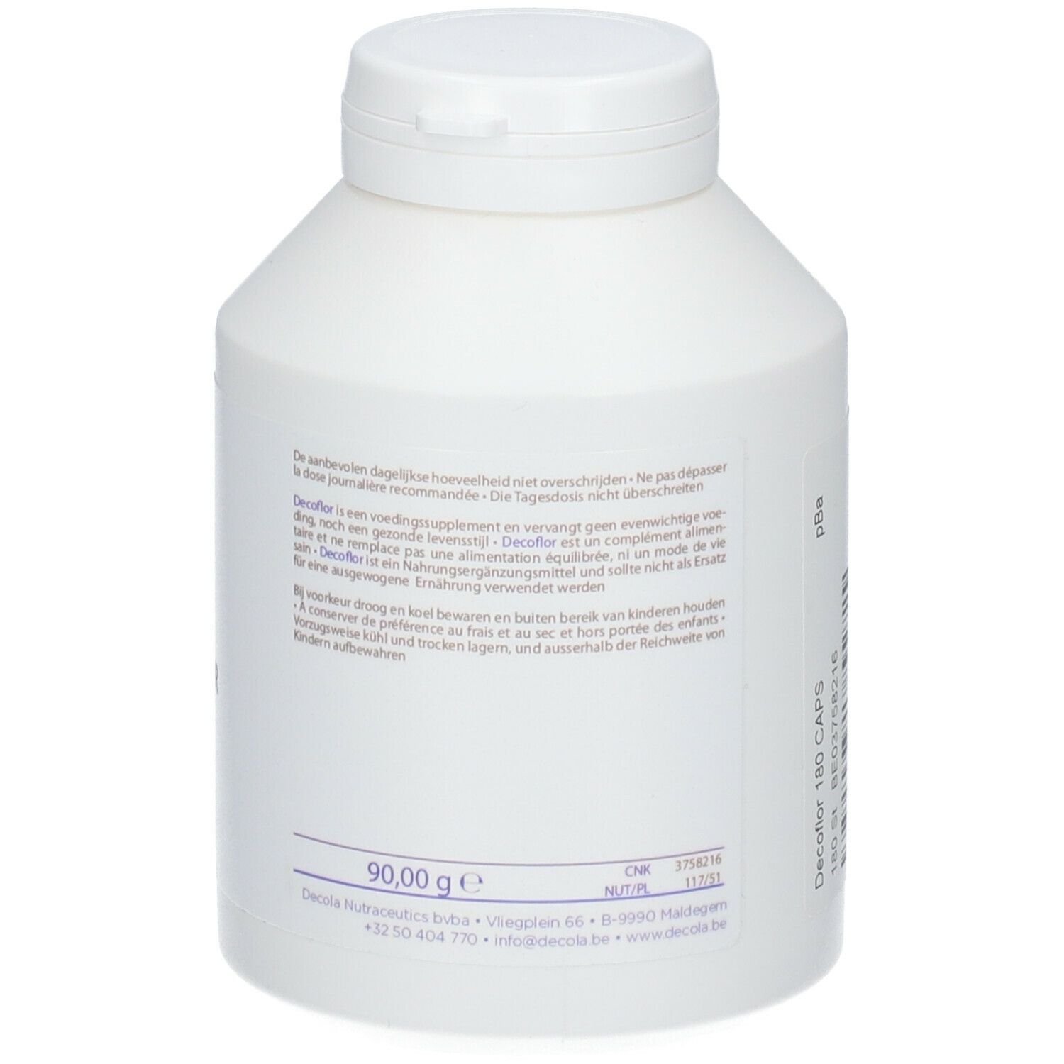 Witte fles met schroefdop. Achterkant met tekst en 90,00 g. Opschrift: Decoflor 180 CAPS.