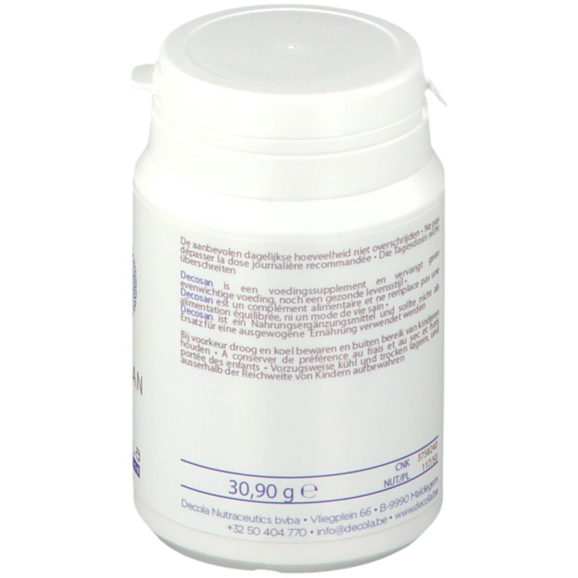 Boîte blanche avec couvercle. Texte sur la boîte, dont 30,90 g. DECOLA Nutraceutics b.vba.