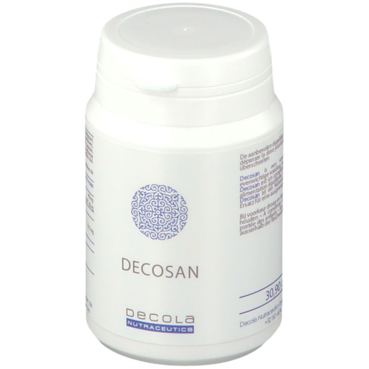 Boîte blanche avec couvercle. Inscription DECOSAN et DECOLA NUTRACEUTICS. Motif bleu. Texte sur la boîte.