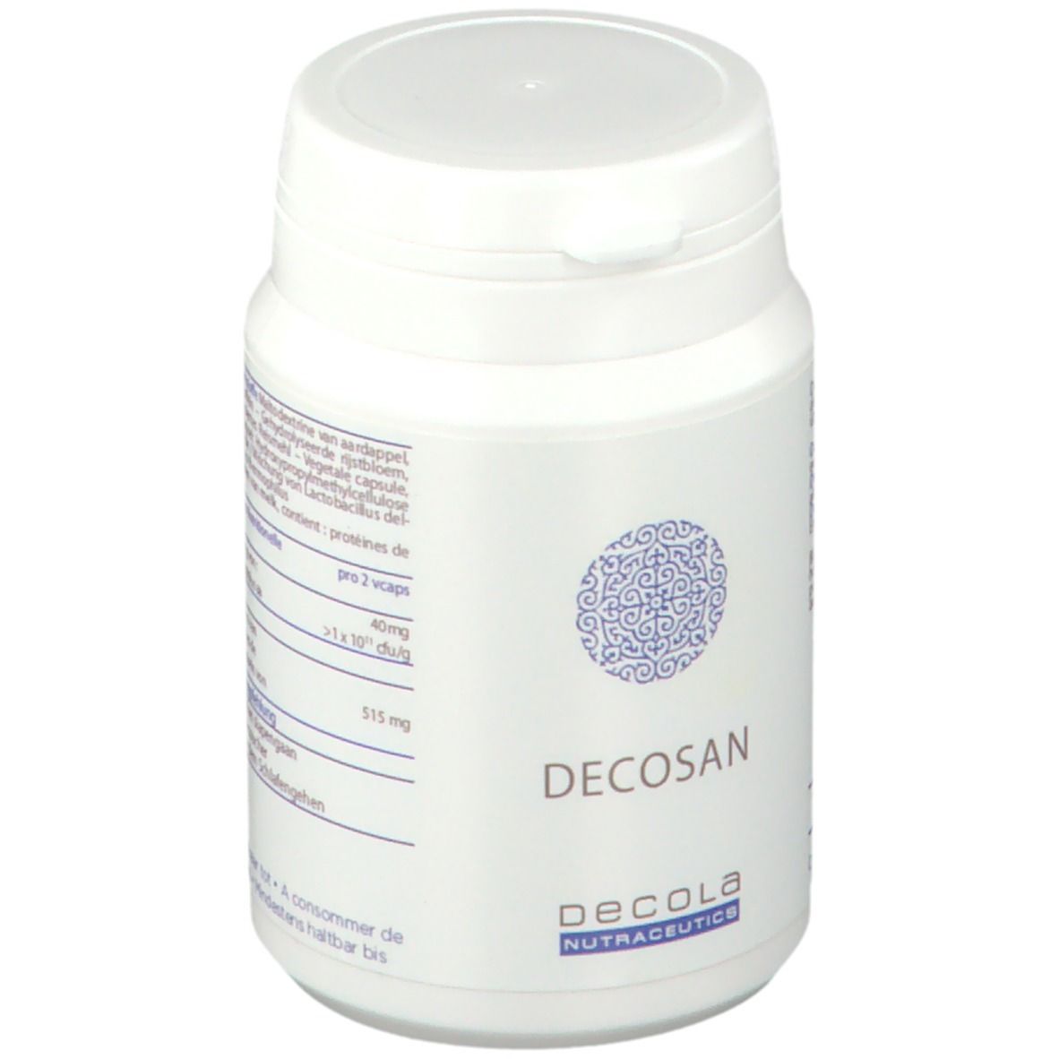 Boîte blanche avec couvercle. Inscription DECOSAN et DECOLA NUTRACEUTICS. Motif bleu. Texte sur la boîte.
