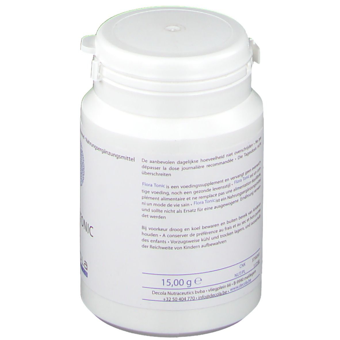 Dos d'un flacon blanc. Texte multilingue. Inscription : 15,00 g e. Coordonnées.