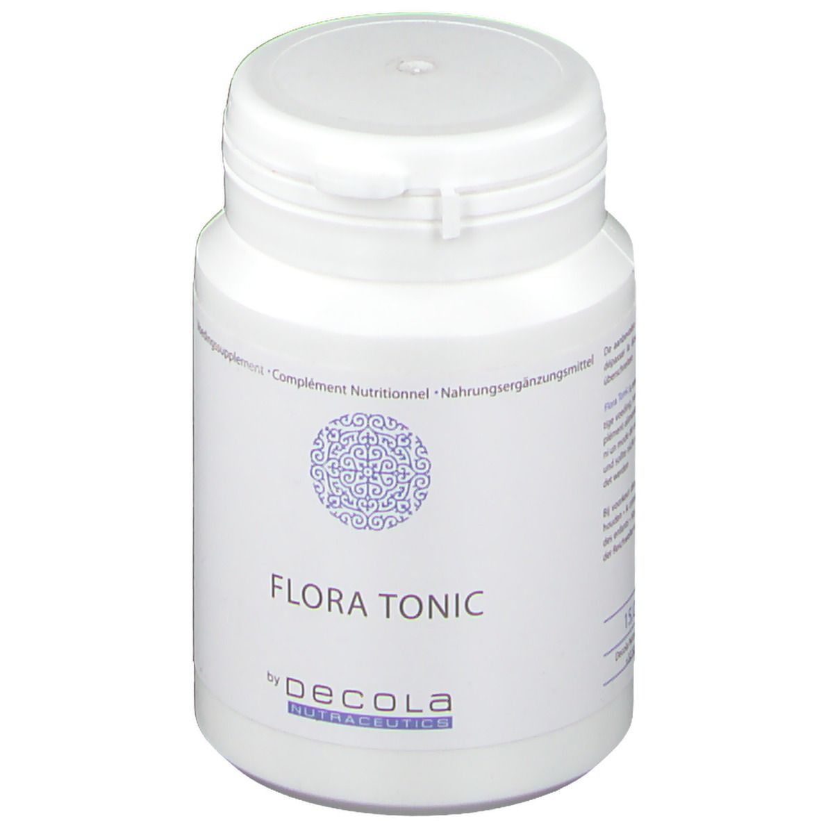 Flacon blanc avec couvercle. Inscription : Flora Tonic by Decola Nutraceutics. Ornement bleu.