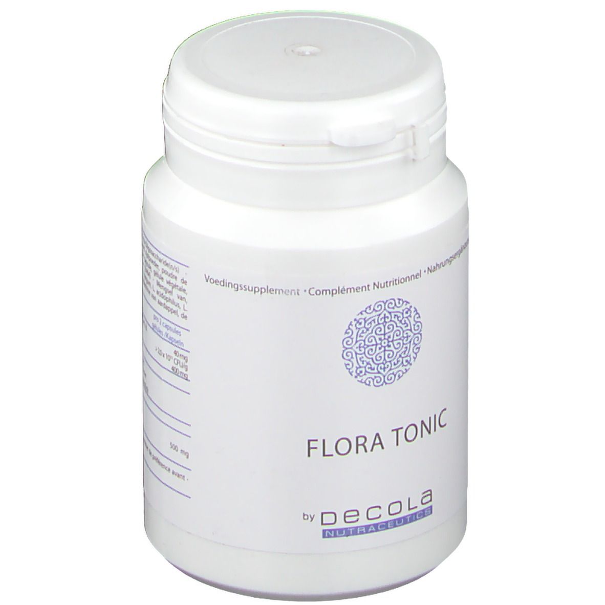Flacon blanc avec couvercle. Inscription : Flora Tonic by Decola Nutraceutics. Ornement bleu.
