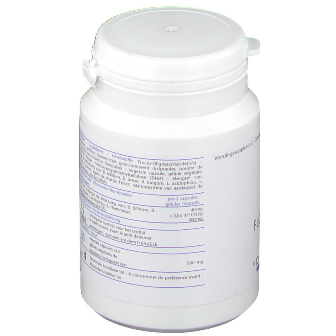 Dos d'un flacon blanc. Texte multilingue. Inscription : pro 2 capsules, 400 mg.