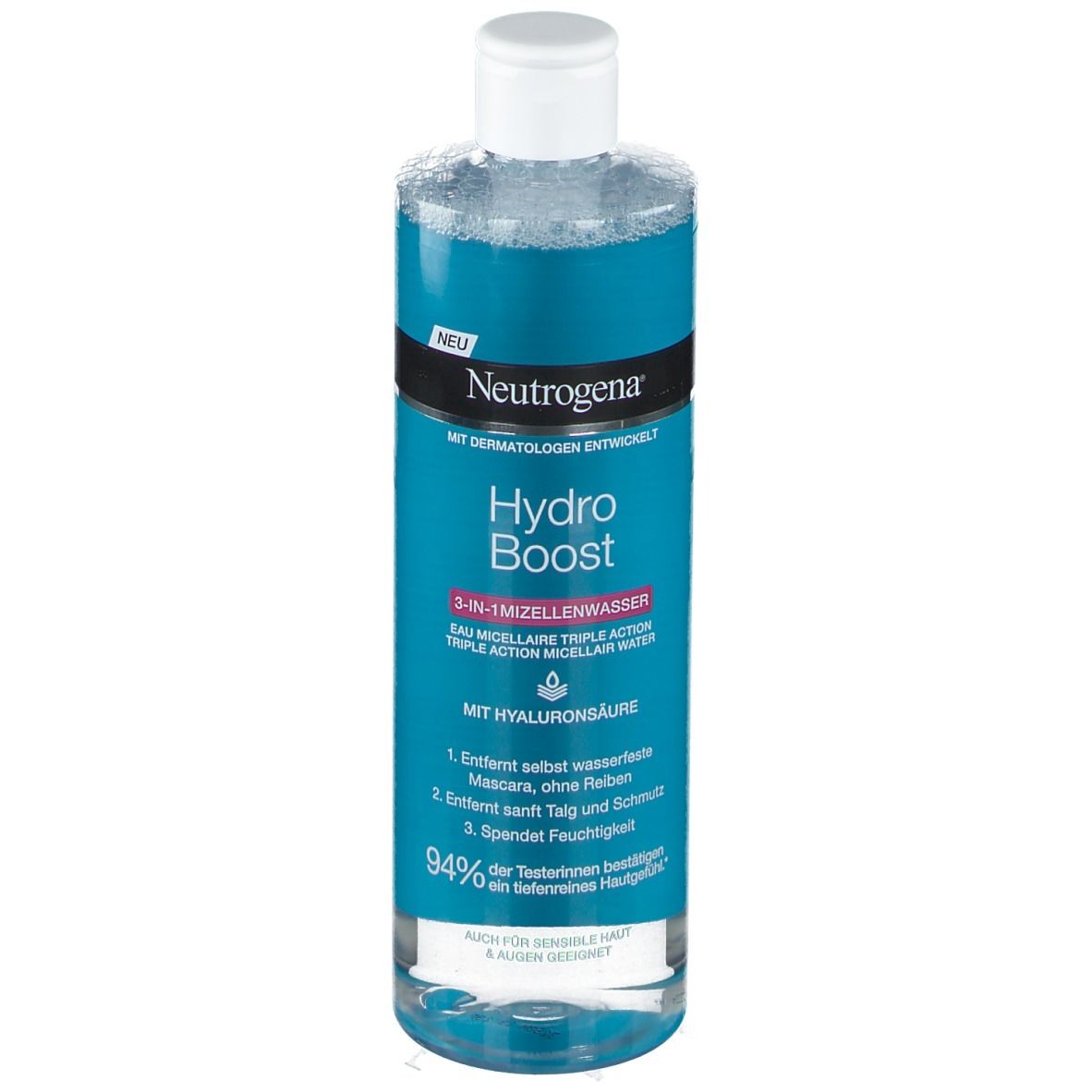Neutrogena Hydro Boost Eau Micellaire. Bouteille bleue, bouchon blanc. Texte.