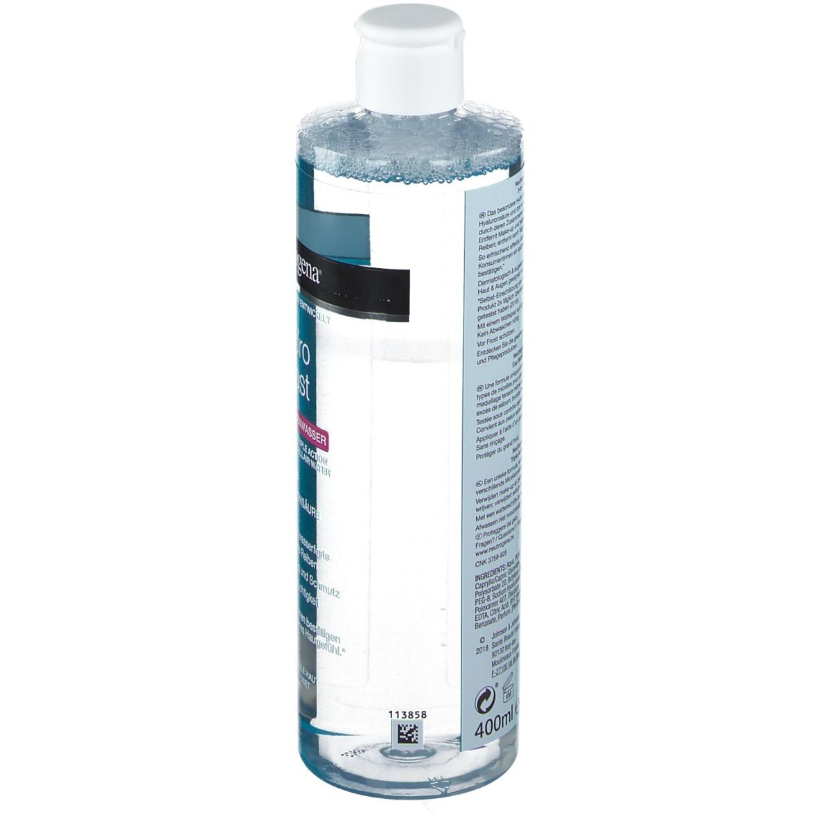Neutrogena Hydro Boost Eau Micellaire. Bouteille de côté. Texte et code-barres.