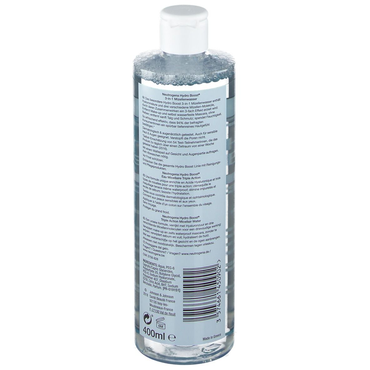 Neutrogena Hydro Boost Eau Micellaire. Bouteille de dos. Texte et code-barres.
