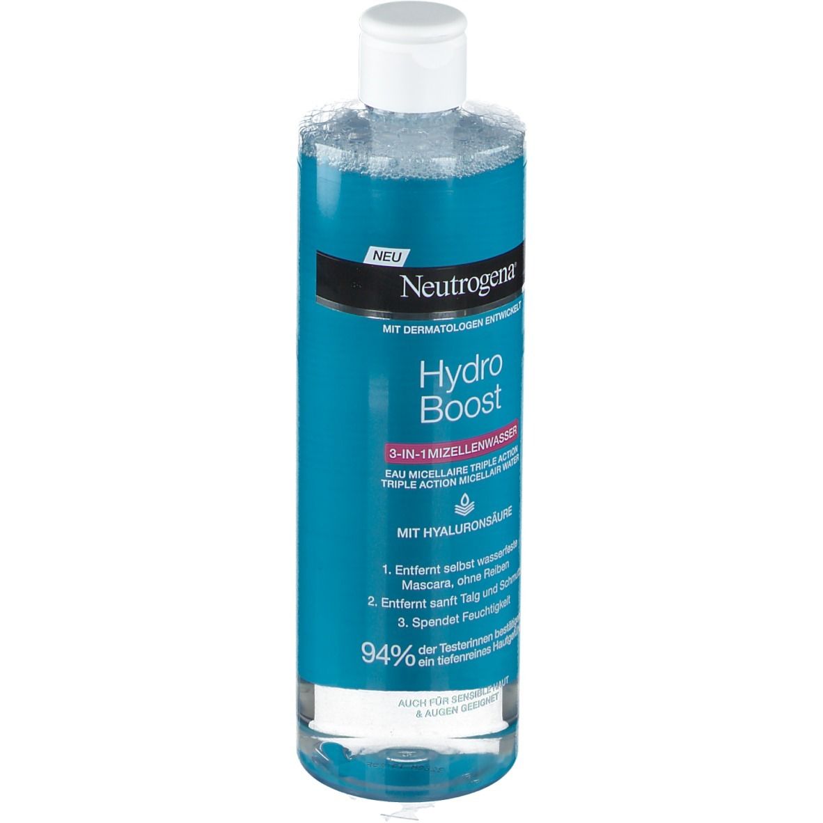 Neutrogena Hydro Boost Eau Micellaire. Bouteille bleue, bouchon blanc. Texte.