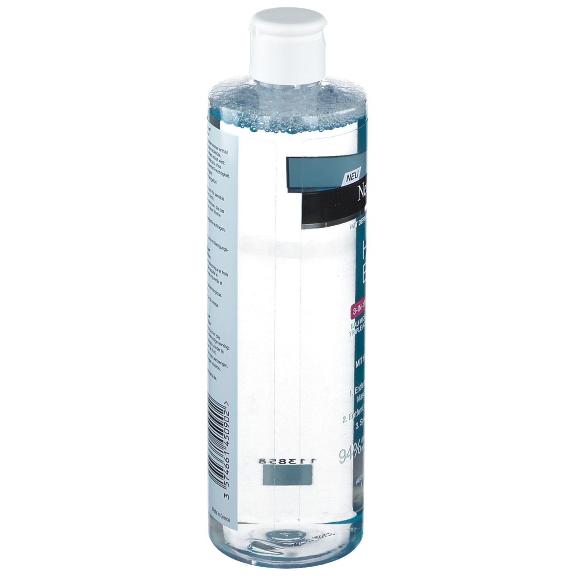 Neutrogena Hydro Boost Eau Micellaire. Bouteille de côté. Texte.
