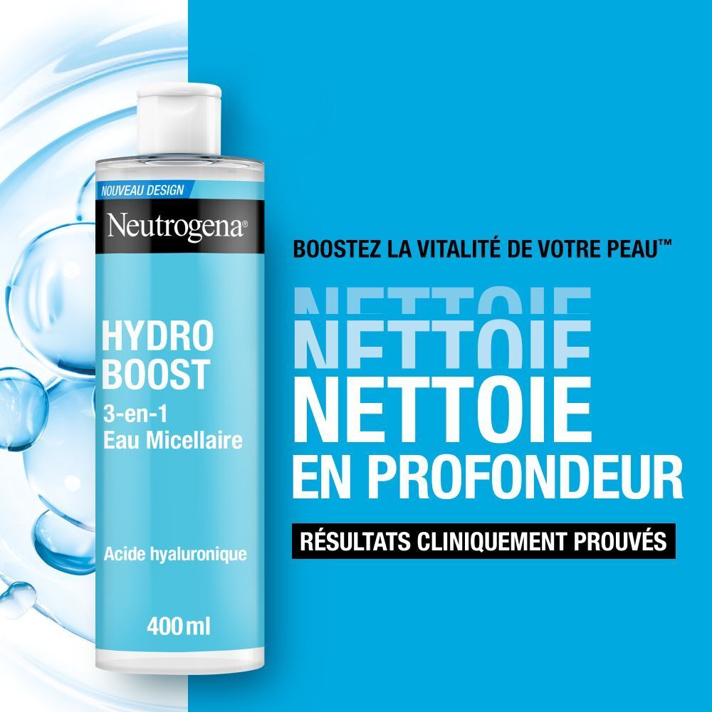 Neutrogena Hydro Boost 3-en-1 Eau Micellaire. Texte sur fond bleu.