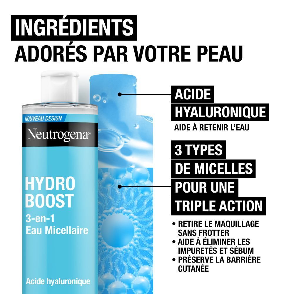 Neutrogena Hydro Boost 3-en-1 Eau Micellaire. Ingrédients: acide hyaluronique, micelles.
