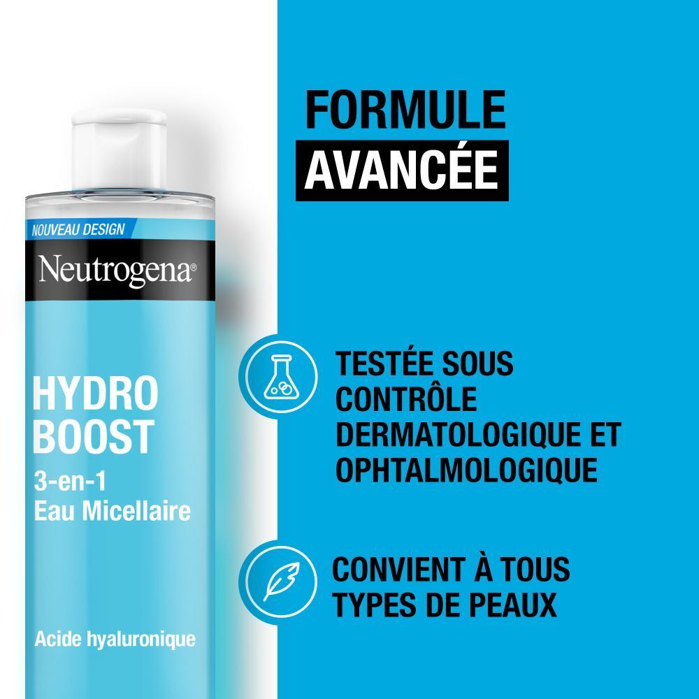 Neutrogena Hydro Boost 3-en-1 Eau Micellaire. Texte: Testé dermatologiquement, tous types de peaux.
