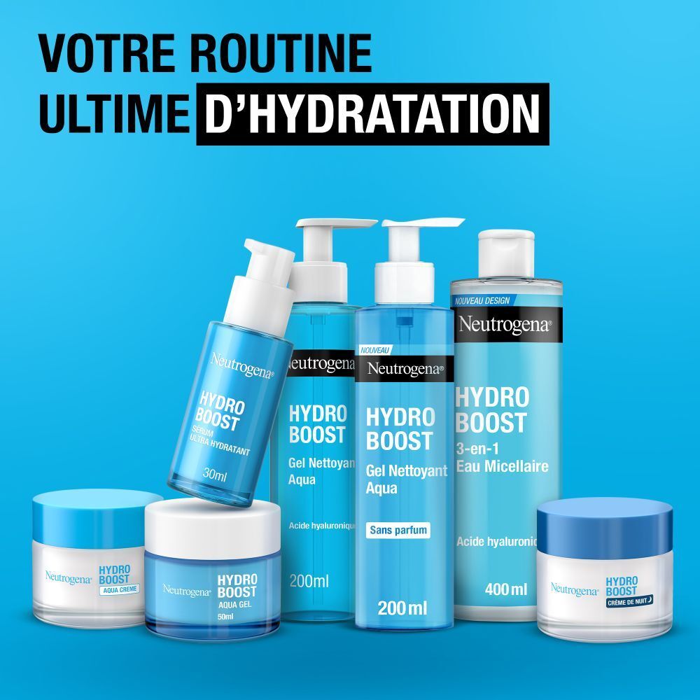 Gamme Neutrogena Hydro Boost. Différents produits sur fond bleu.