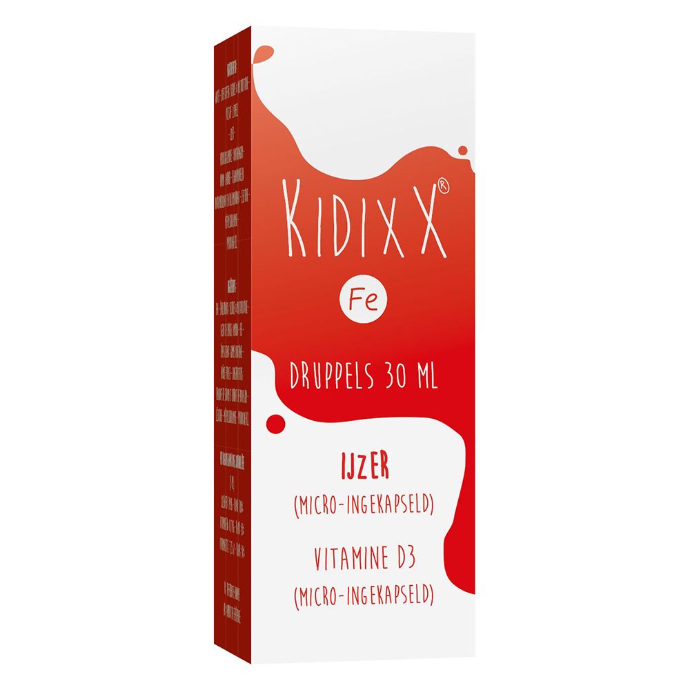 KIDIXX® Fe Tropfen verpakking. Rood en wit. Bevat IJZER en VITAMINE D3. Fles 30 ml.