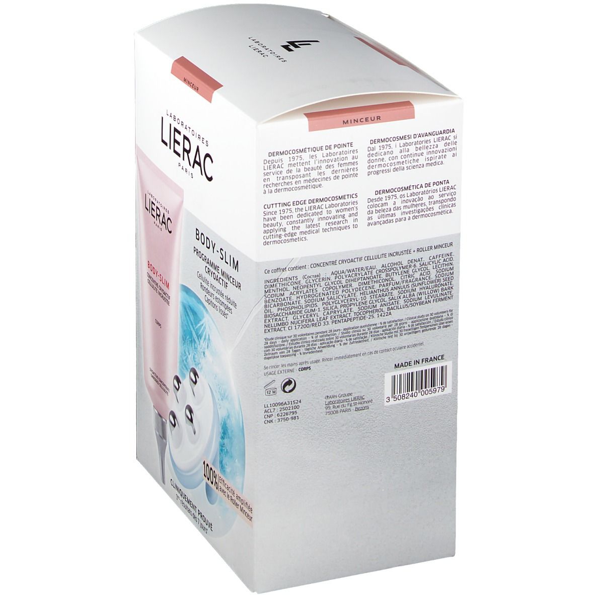 Dos de la boîte. Texte multilingue. Inscriptions: LIERAC, BODY-SLIM, ingrédients, Fabriqué en France.