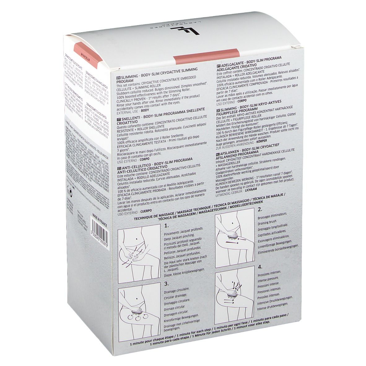 Côté de la boîte. Texte multilingue. Illustrations d'utilisation. Inscriptions: LIERAC, BODY-SLIM.