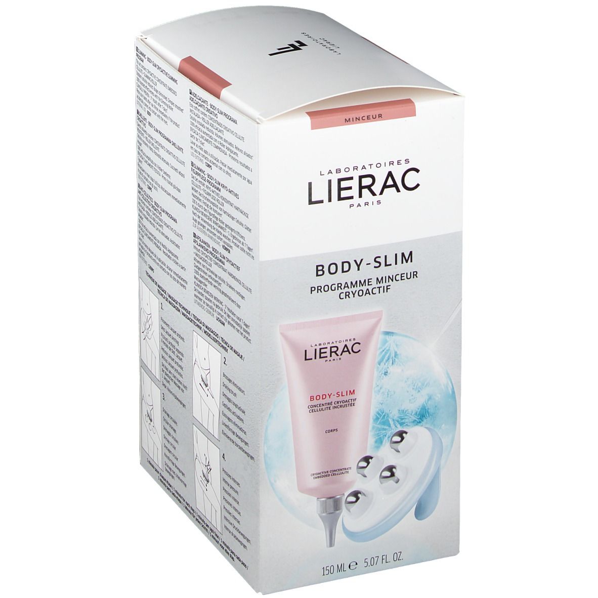 Boîte avec produit. Tube rose et masseur. Inscriptions: LIERAC, BODY-SLIM, 150 ml.