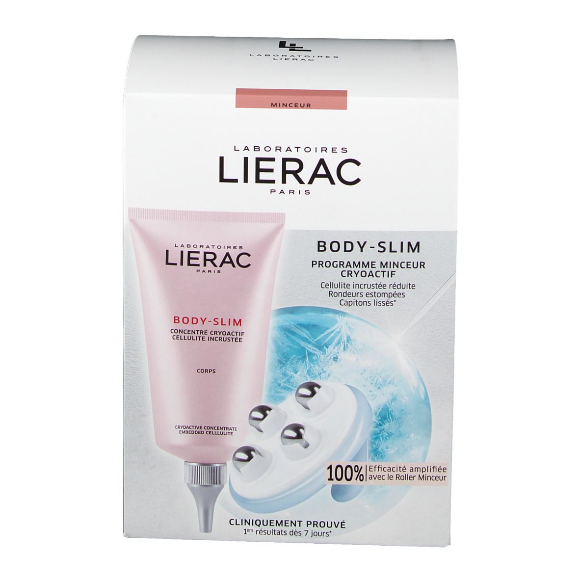 Boîte avec produit. Tube rose et masseur. Inscriptions: LIERAC, BODY-SLIM, Programme Minceur Cryoactif.