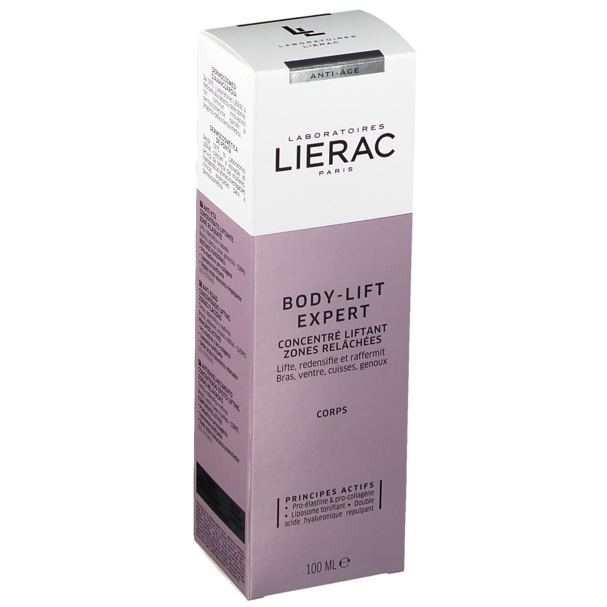 Lierac BODY-LIFT EXPERT. Emballage avec informations produit. 100 ml. Produit anti-âge. Ingrédients: Pro-élastine, liposomes, acide hyaluronique.