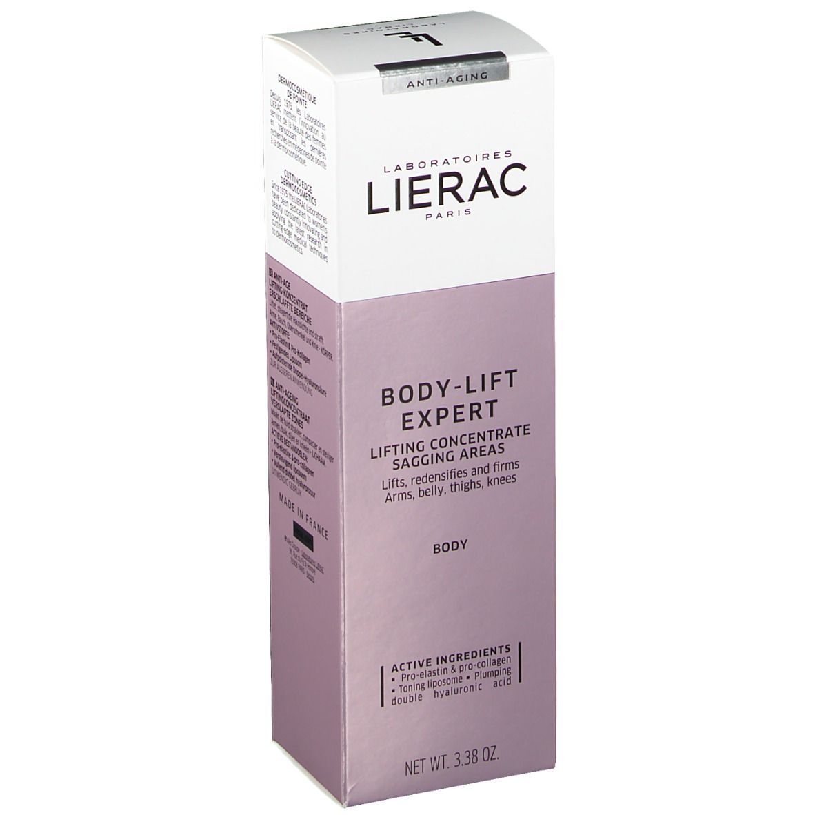 Lierac BODY-LIFT EXPERT. Emballage avec informations produit. 3.38 fl.oz. Produit anti-âge. Contient des ingrédients actifs. Pour le corps.