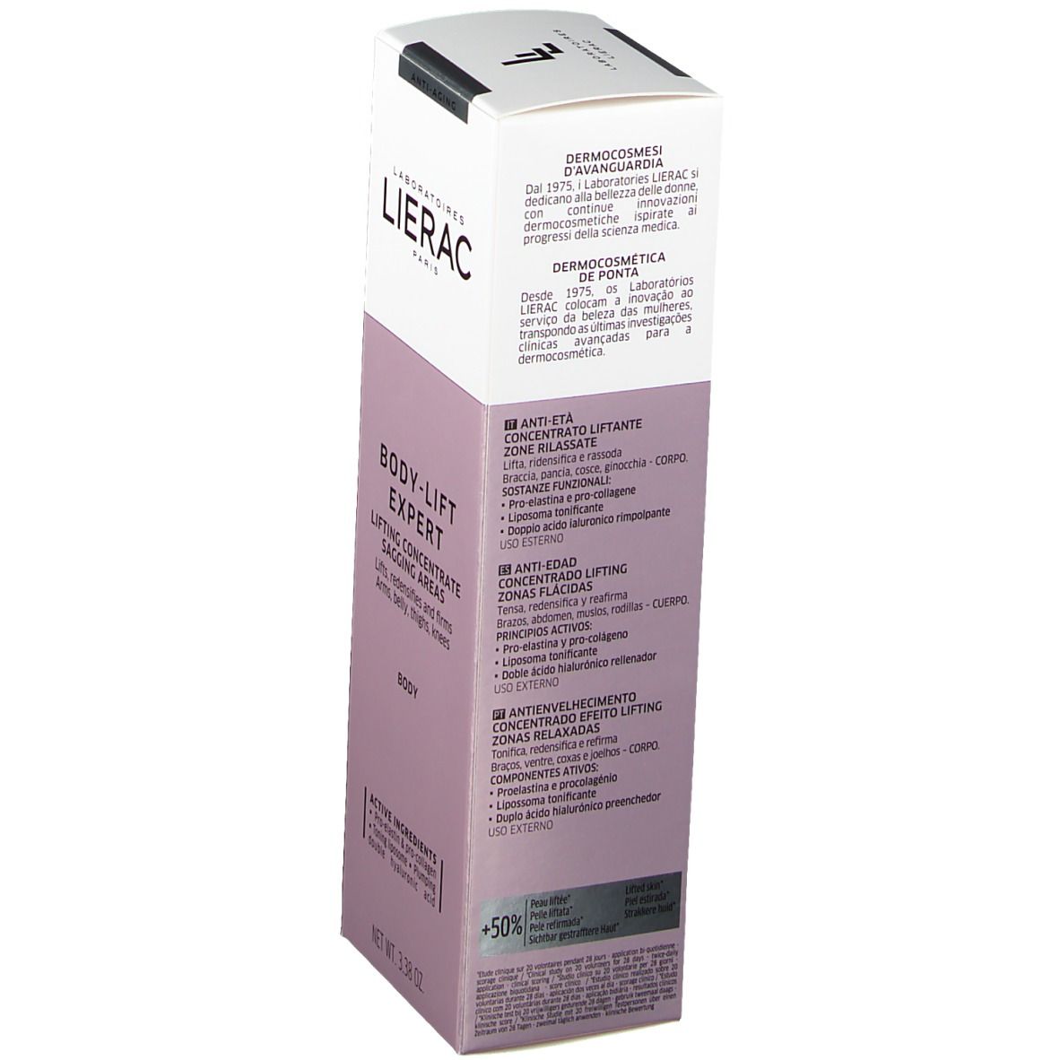 Lierac BODY-LIFT EXPERT. Emballage avec informations produit. Vue arrière. Produit anti-âge. Contient des ingrédients actifs. Pour le corps.