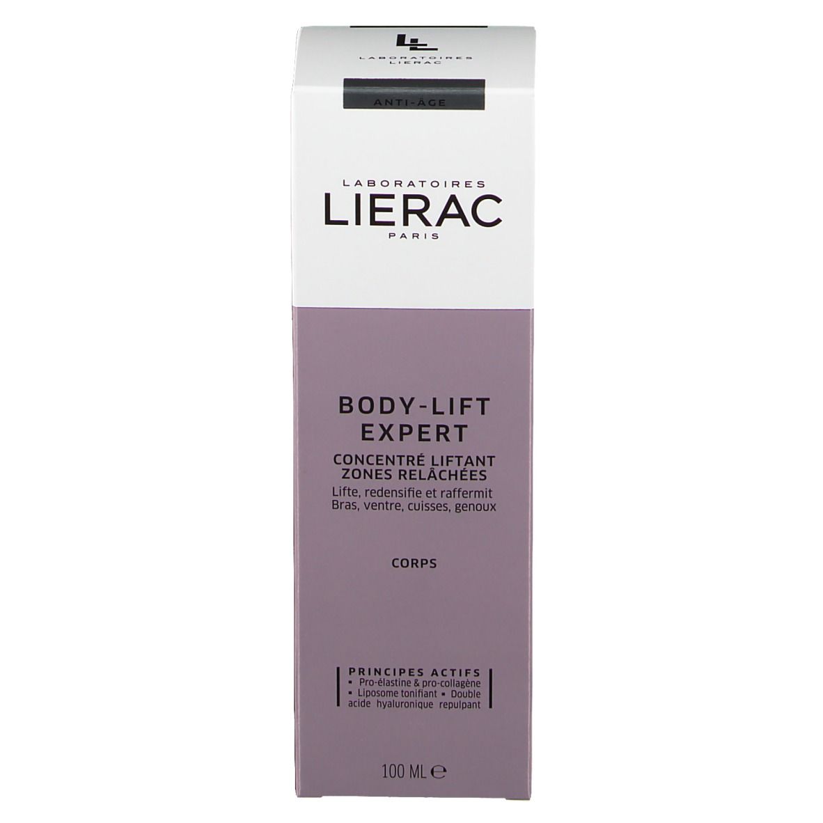 Lierac BODY-LIFT EXPERT. Emballage avec informations produit. 100 ml. Produit anti-âge. Ingrédients: Pro-élastine, liposomes, acide hyaluronique.