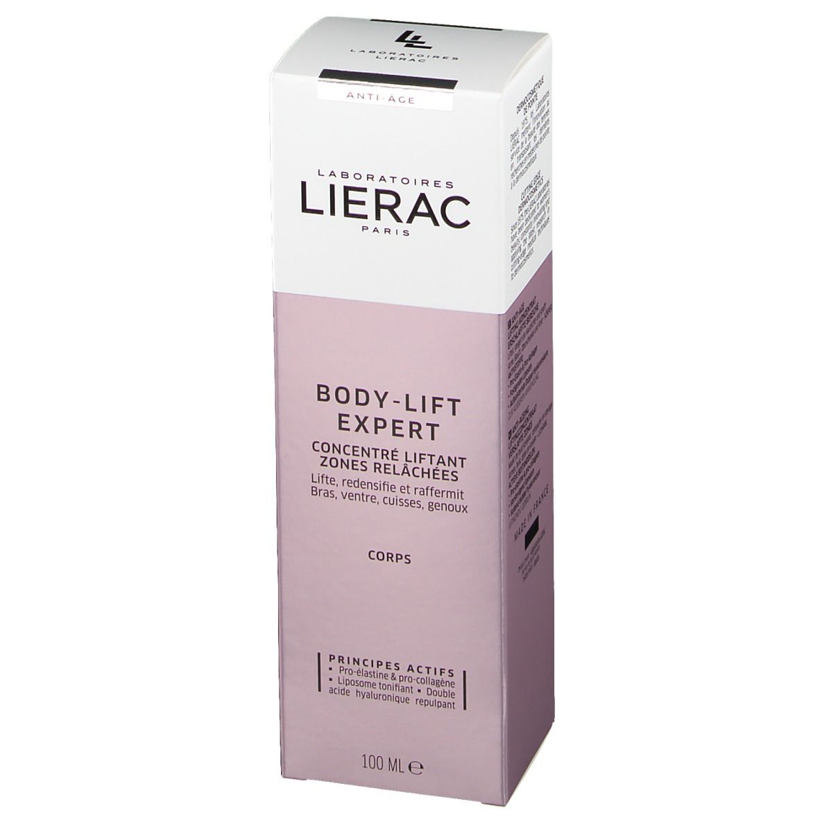 Lierac BODY-LIFT EXPERT. Emballage avec informations produit. 100 ml. Produit anti-âge. Ingrédients: Pro-élastine, liposomes, acide hyaluronique.