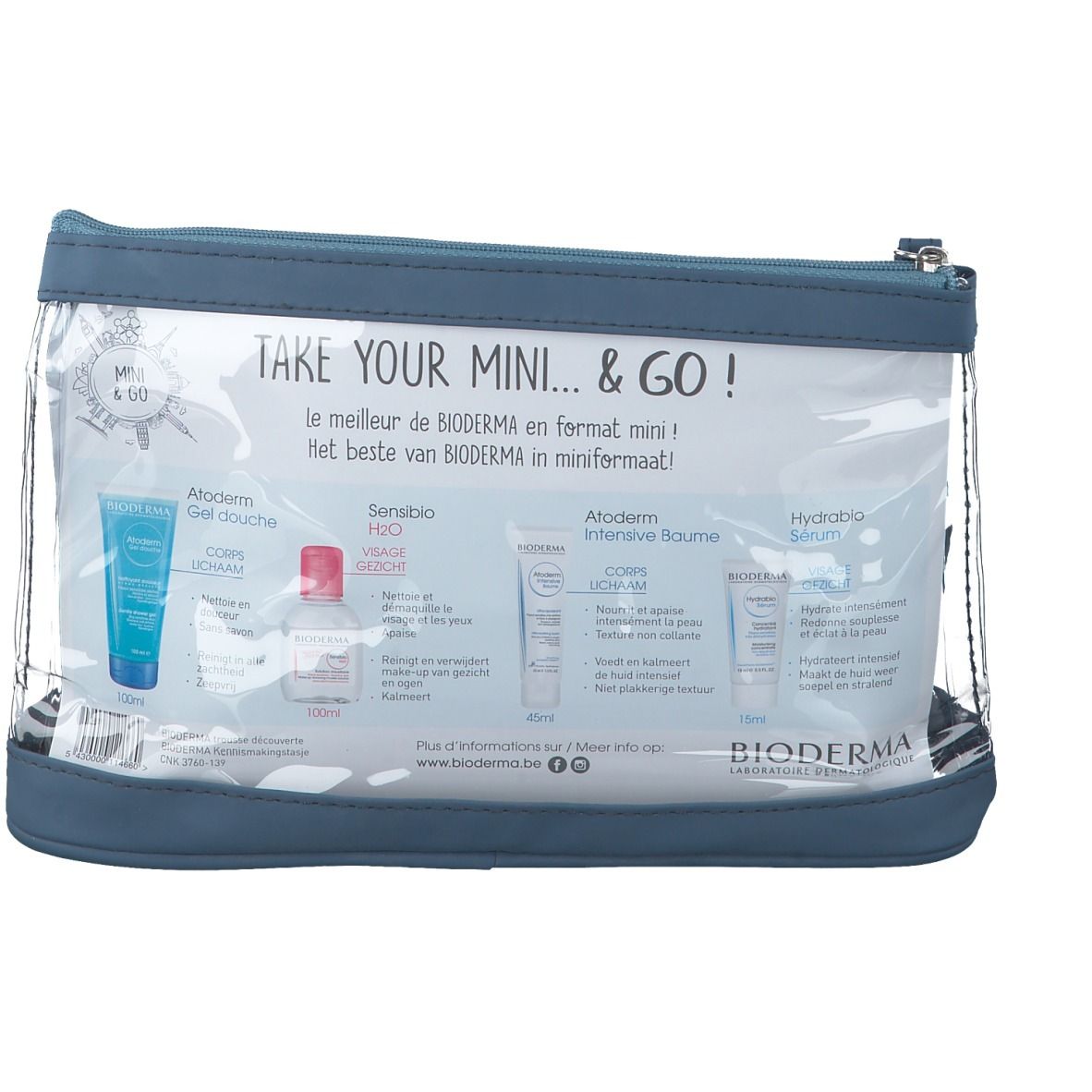 Transparante toilettas met BIODERMA-producten. Bevat Gel Douche, Sensibio H2O, Atoderm Intensive Baume en Hydrabio Serum.