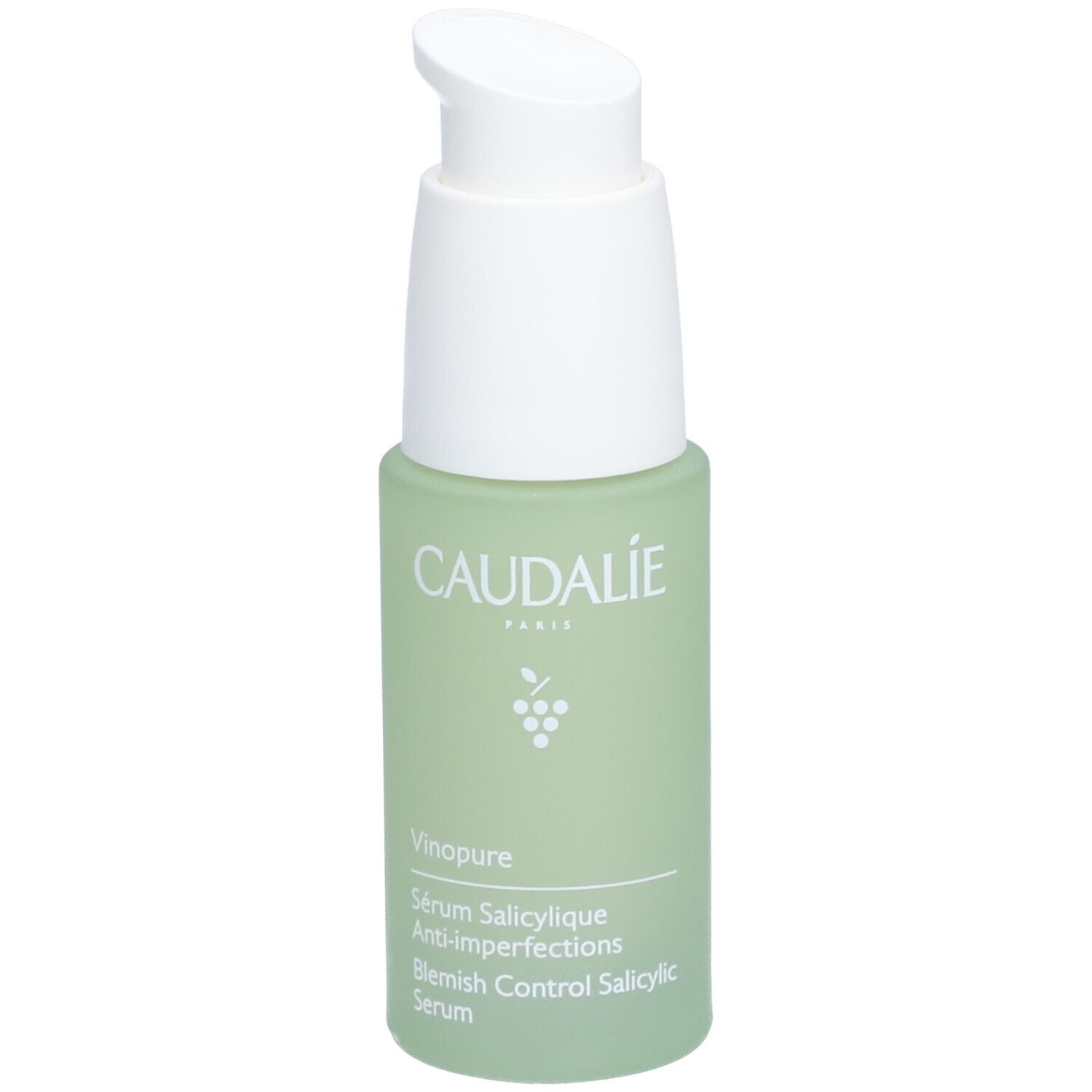 Grüne Flasche mit weißem Pumpkopf. Aufschrift: Caudalie, Vinopure, Serum Salicylique Anti-imperfections.